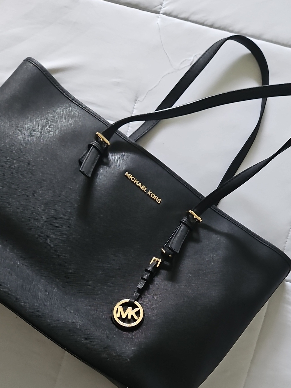 Michael Kors Black Leather Tote with Gold MK Charm